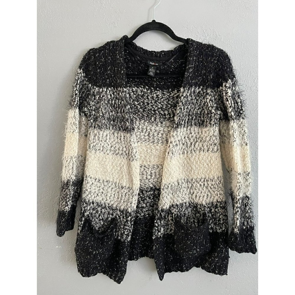 STYLE & CO WOMENS BLACK WHITE FUZZY OPEN FRONT CARDIGAN SIZE M